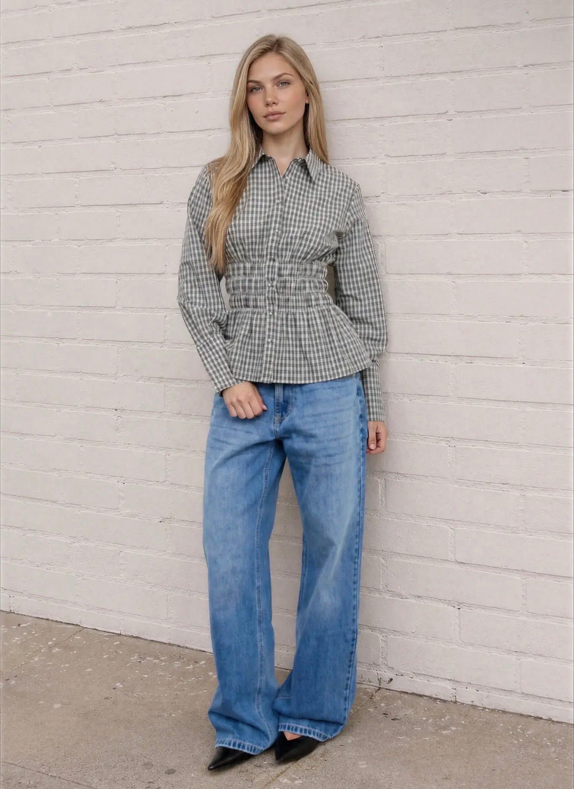 Plaid Collared Shirred Long Sleeve Top - Flea Boutiques