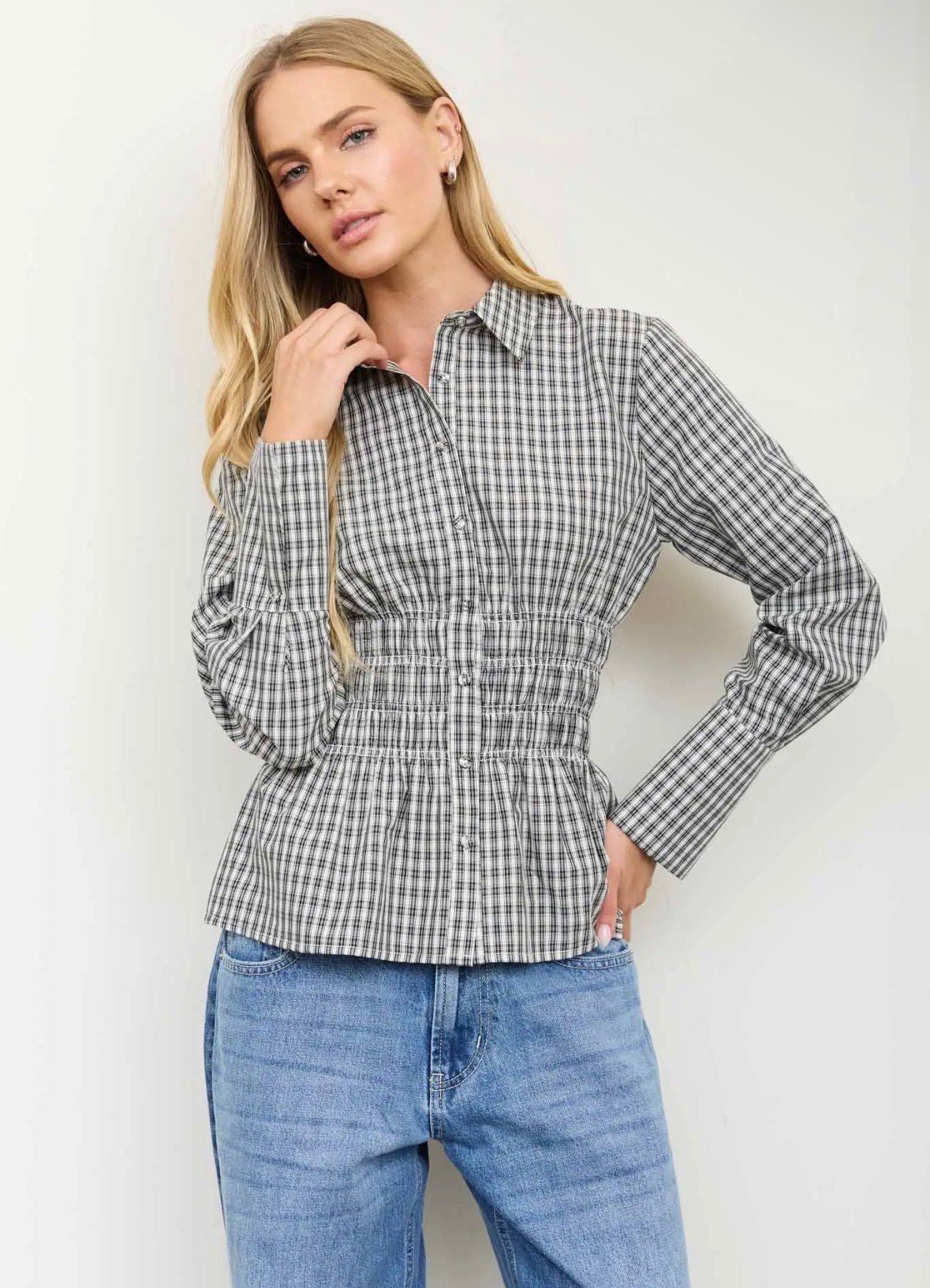 Plaid Collared Shirred Long Sleeve Top - Flea Boutiques
