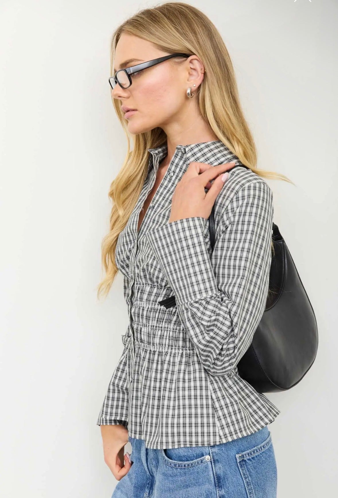 Plaid Collared Shirred Long Sleeve Top - Flea Boutiques