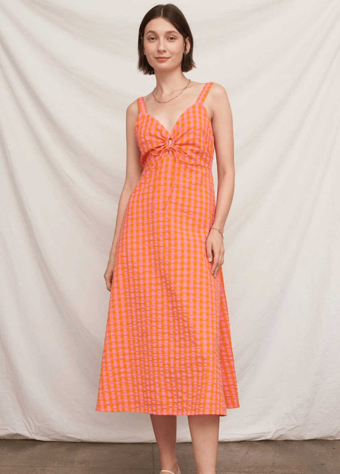 keyhole midi dress Plaid Sleeveless Pink Orange Plaid / MD Gorgeous Fall Wedding Guest indoor from baby showers to SIZE:8D