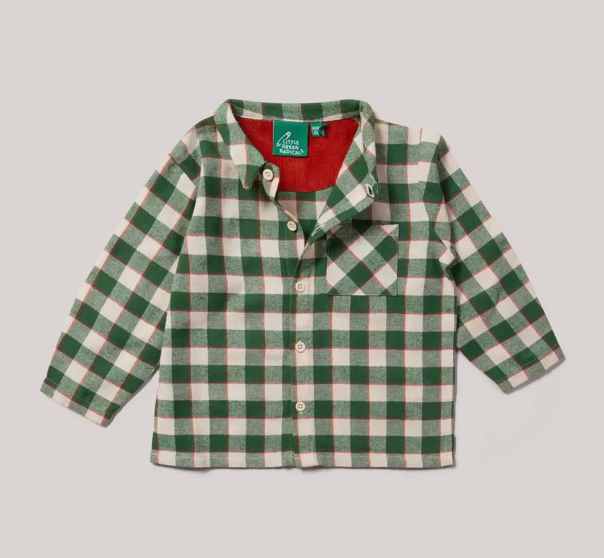 Green and white checkered shirt with a red lining on a gray background