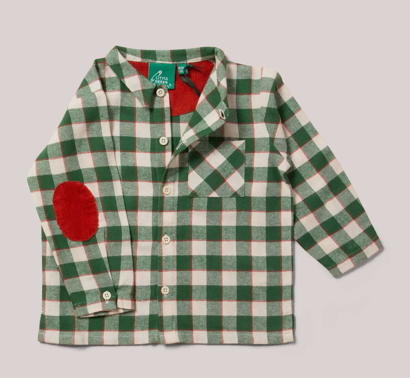 Green and white checkered shirt with red accents on a light gray background