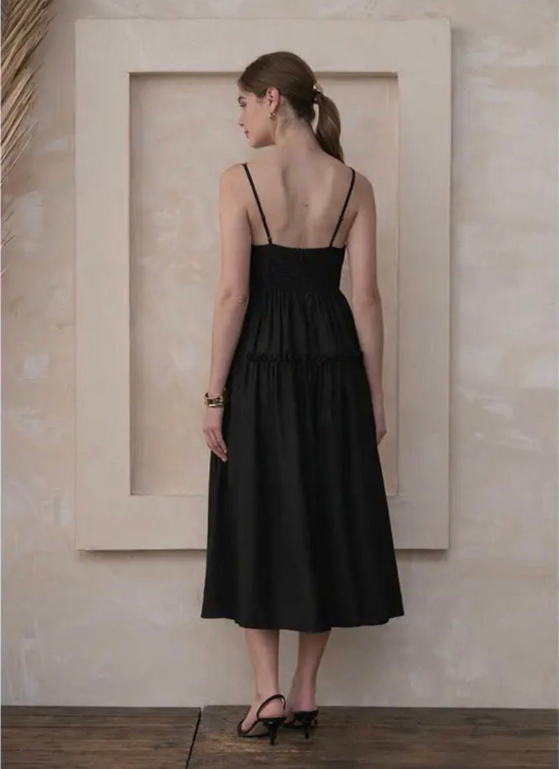 Pleated V Neck Front Tie Slvless Midi - Flea Boutiques