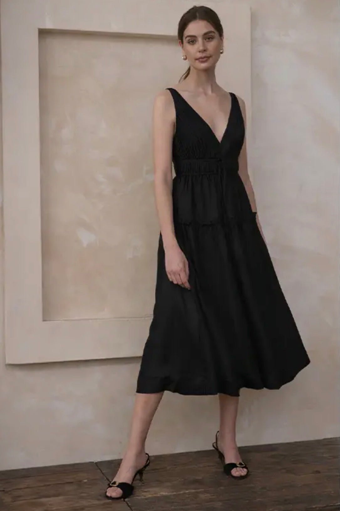 Pleated V Neck Front Tie Slvless Midi - Flea Boutiques