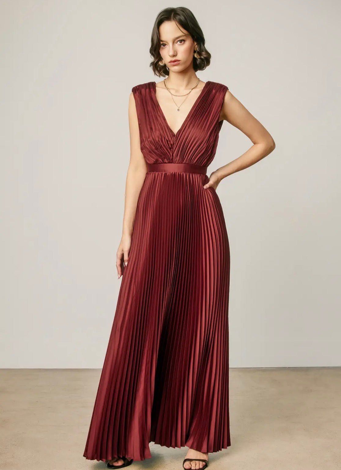 Pleated V-Neck Maxi Dress - Flea Boutiques