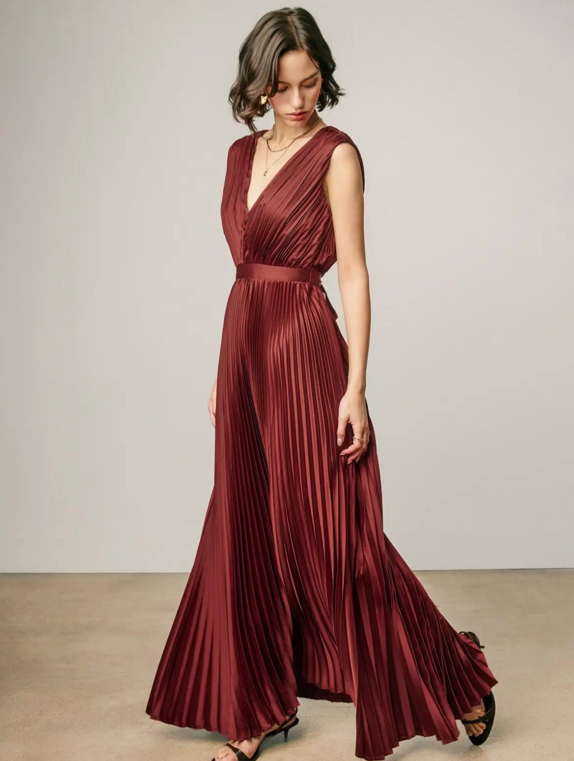 Pleated V-Neck Maxi Dress - Flea Boutiques