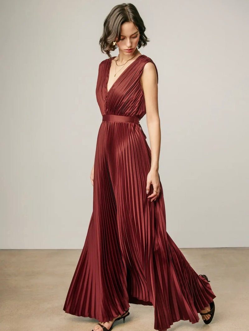 Pleated V-Neck Maxi Dress - Flea Boutiques