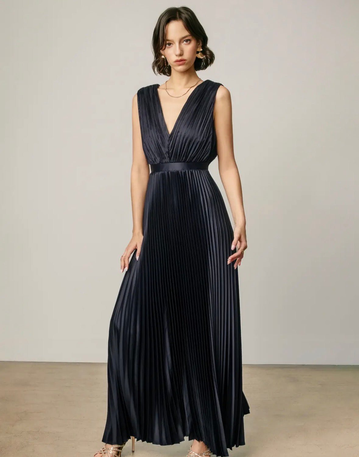 Pleated V-Neck Maxi Dress - Flea Boutiques