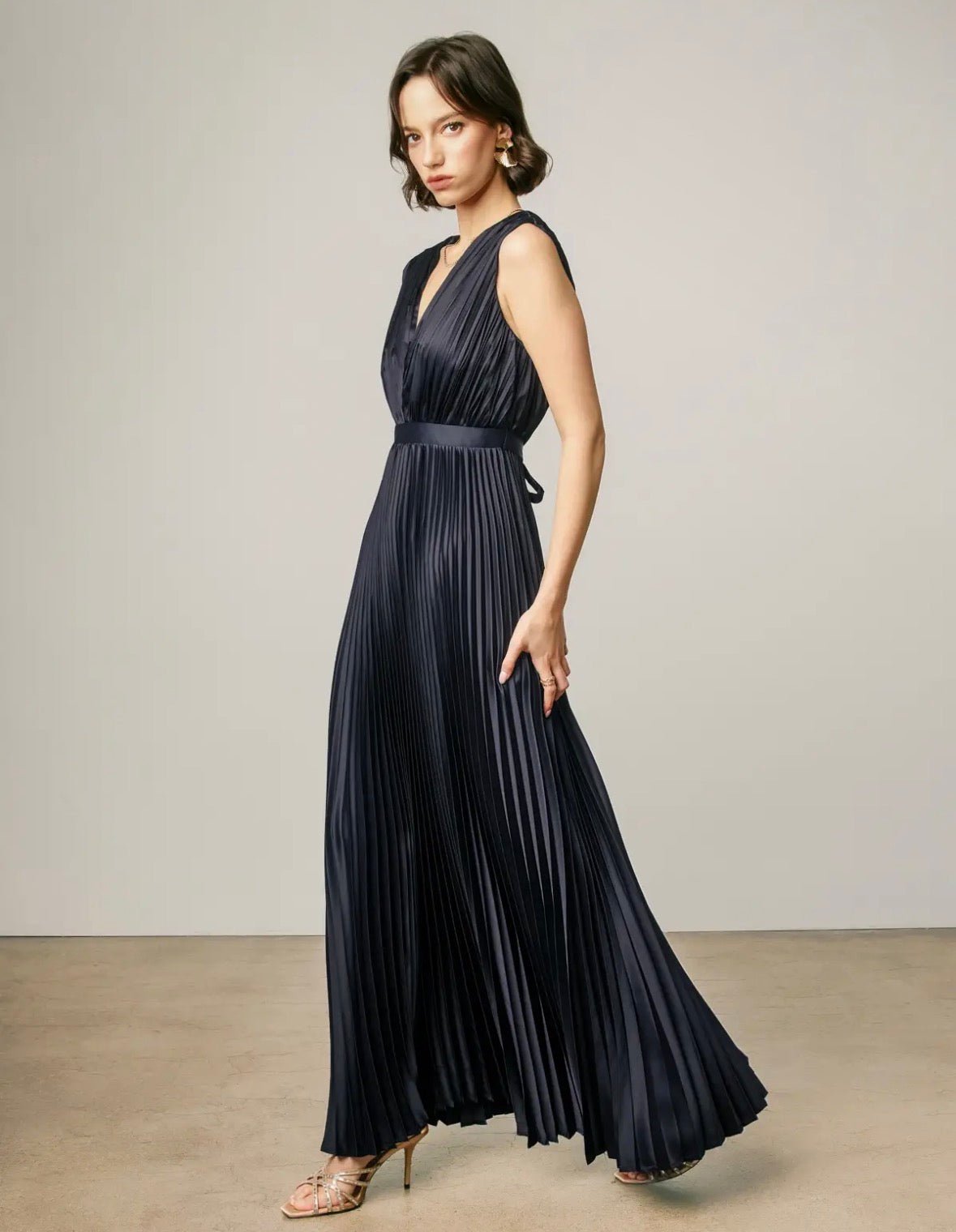Pleated V-Neck Maxi Dress - Flea Boutiques