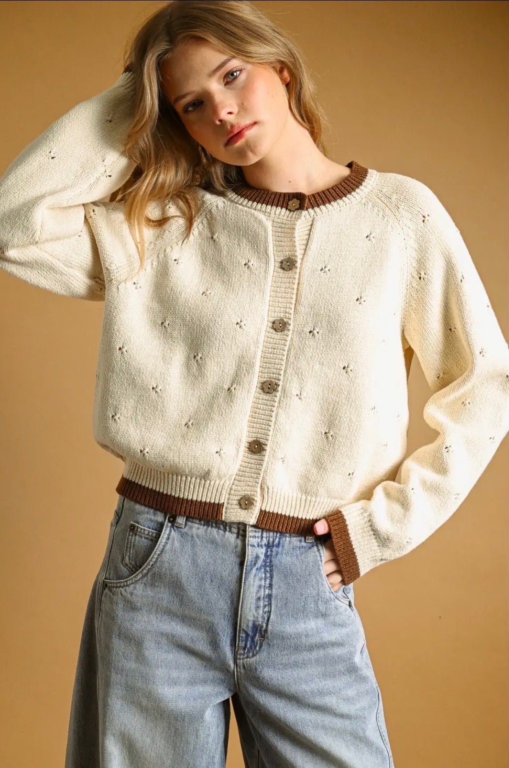 Pointelle Effect Knit Cardigan - Flea Boutiques