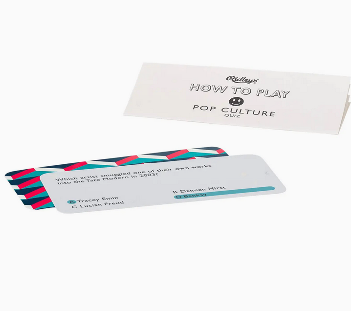 Two question cards from Ridley's Pop Culture Quiz on a white background