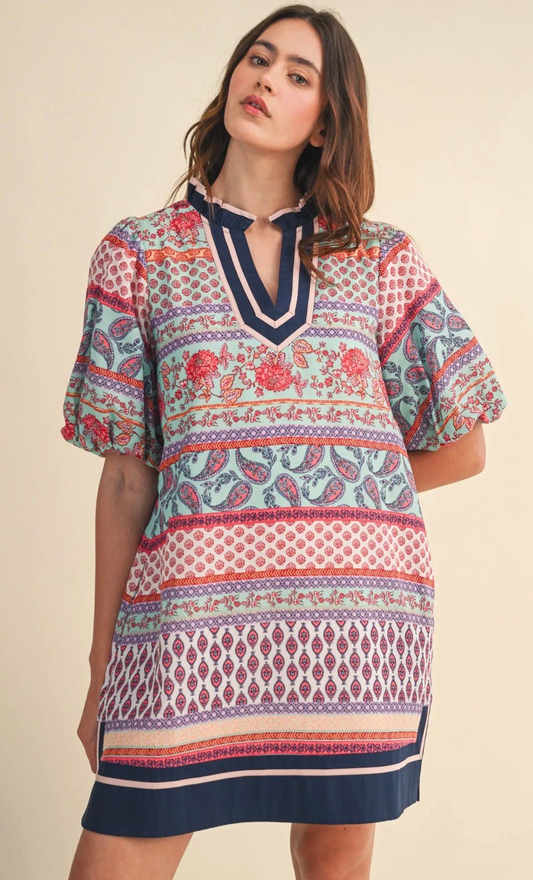Print Bubble sleeve Mini Dress - Flea Boutiques