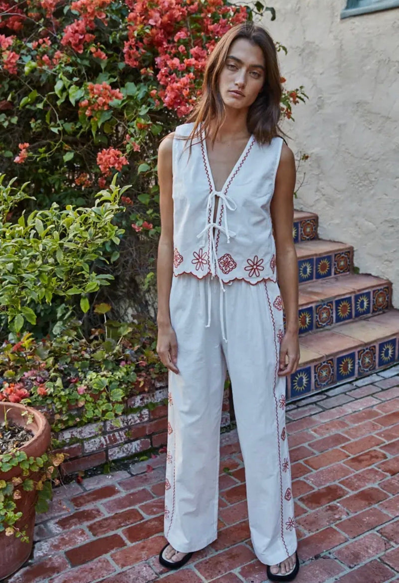 Ramie Cotton Embroidered Wide Leg - Flea Boutiques