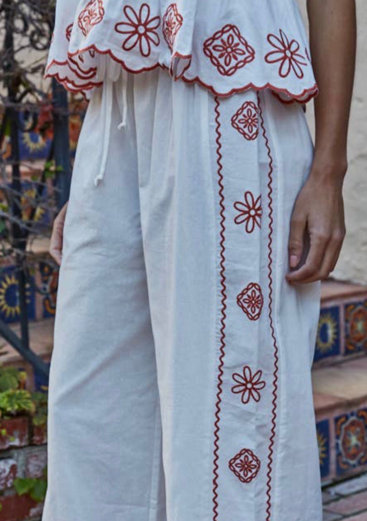 Ramie Cotton Embroidered Wide Leg - Flea Boutiques