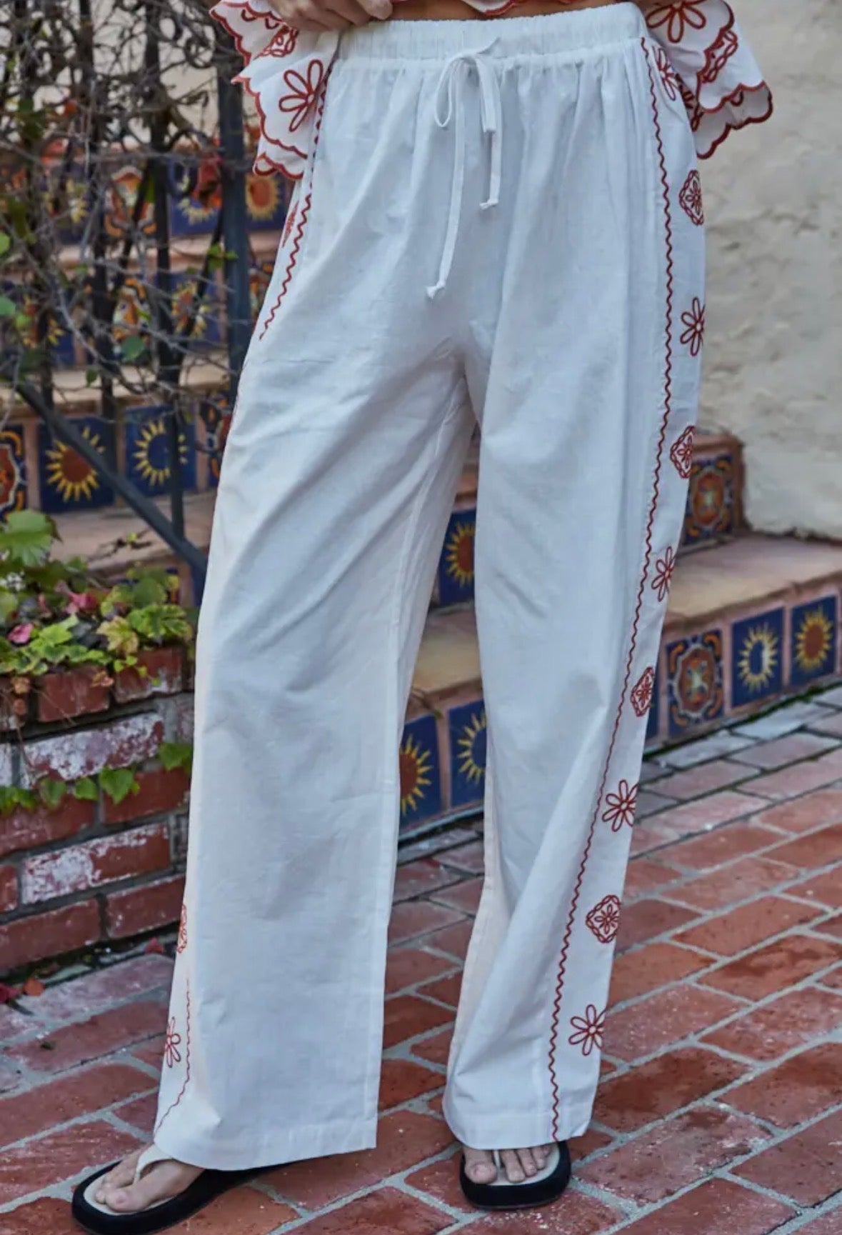 Ramie Cotton Embroidered Wide Leg - Flea Boutiques
