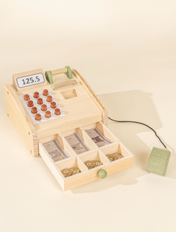 Wooden counting and sorting toy with compartments on a beige background