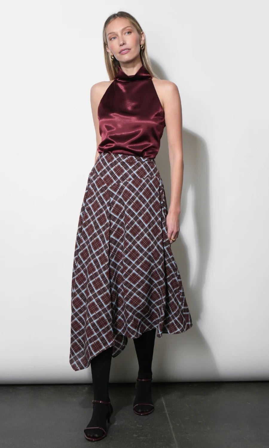Rhodes Asymmetrical Plaid Midi Skirt - Flea Boutiques