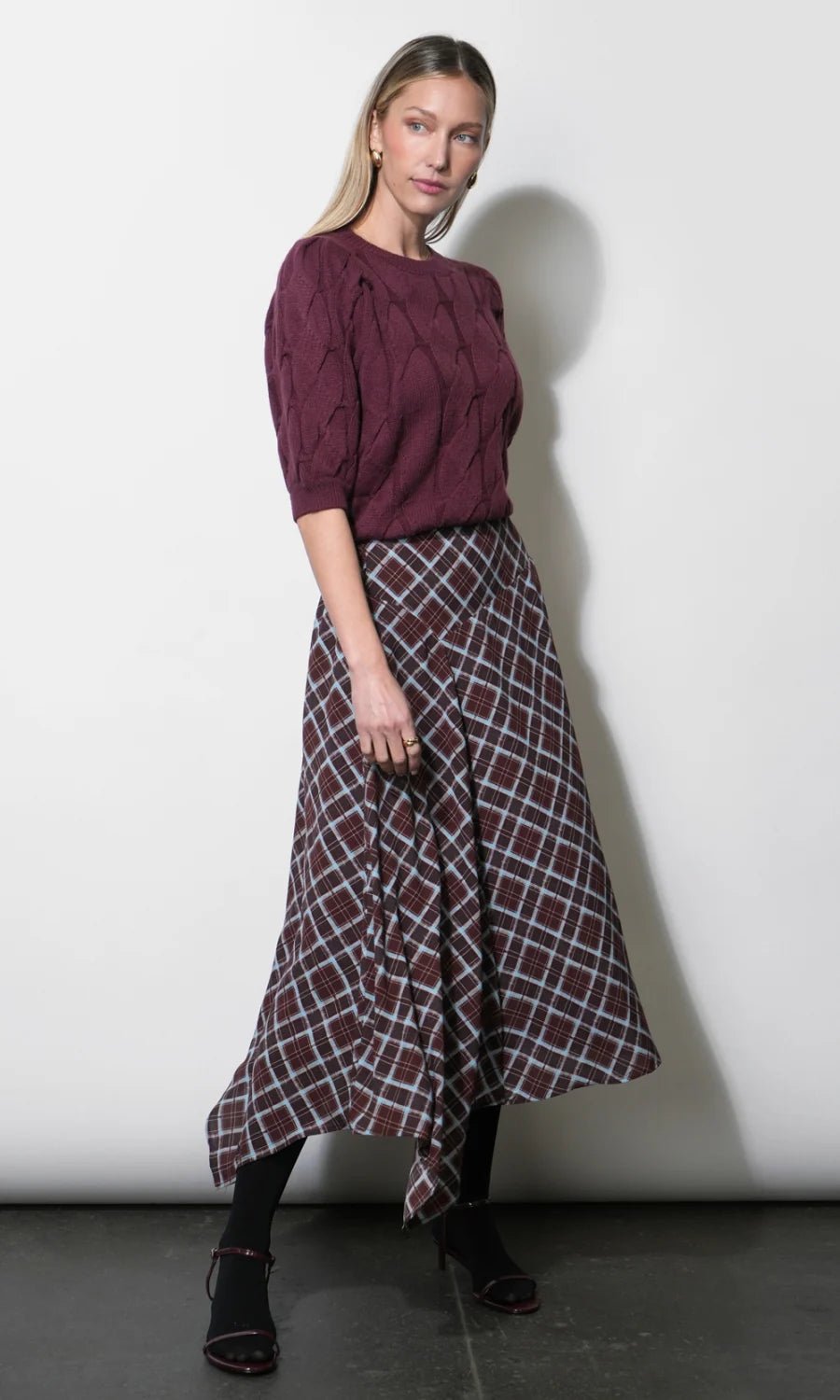 Rhodes Asymmetrical Plaid Midi Skirt - Flea Boutiques