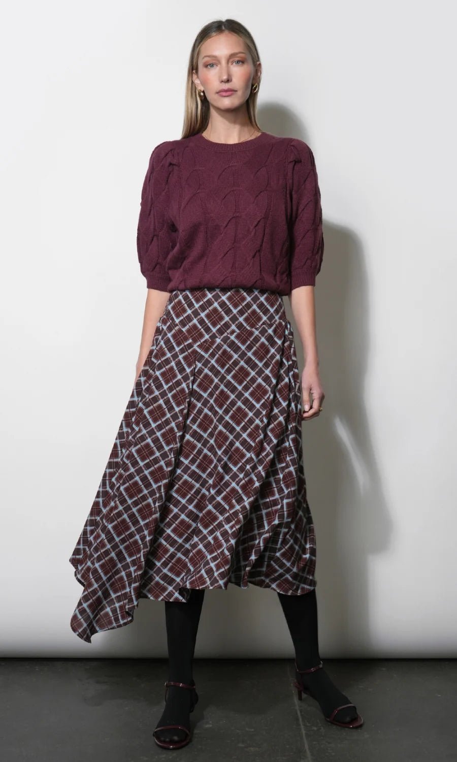 Rhodes Asymmetrical Plaid Midi Skirt - Flea Boutiques