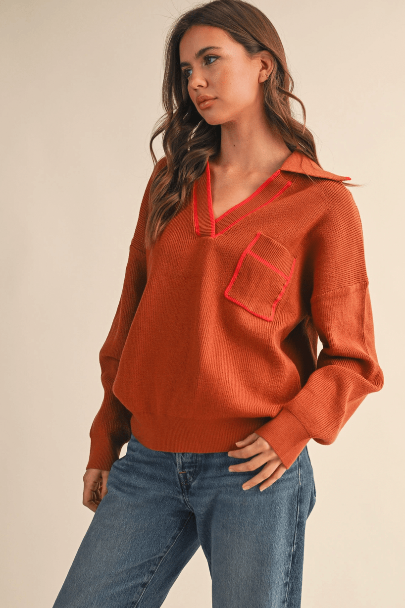 Ribbed Collared Pullover - Flea Boutiques