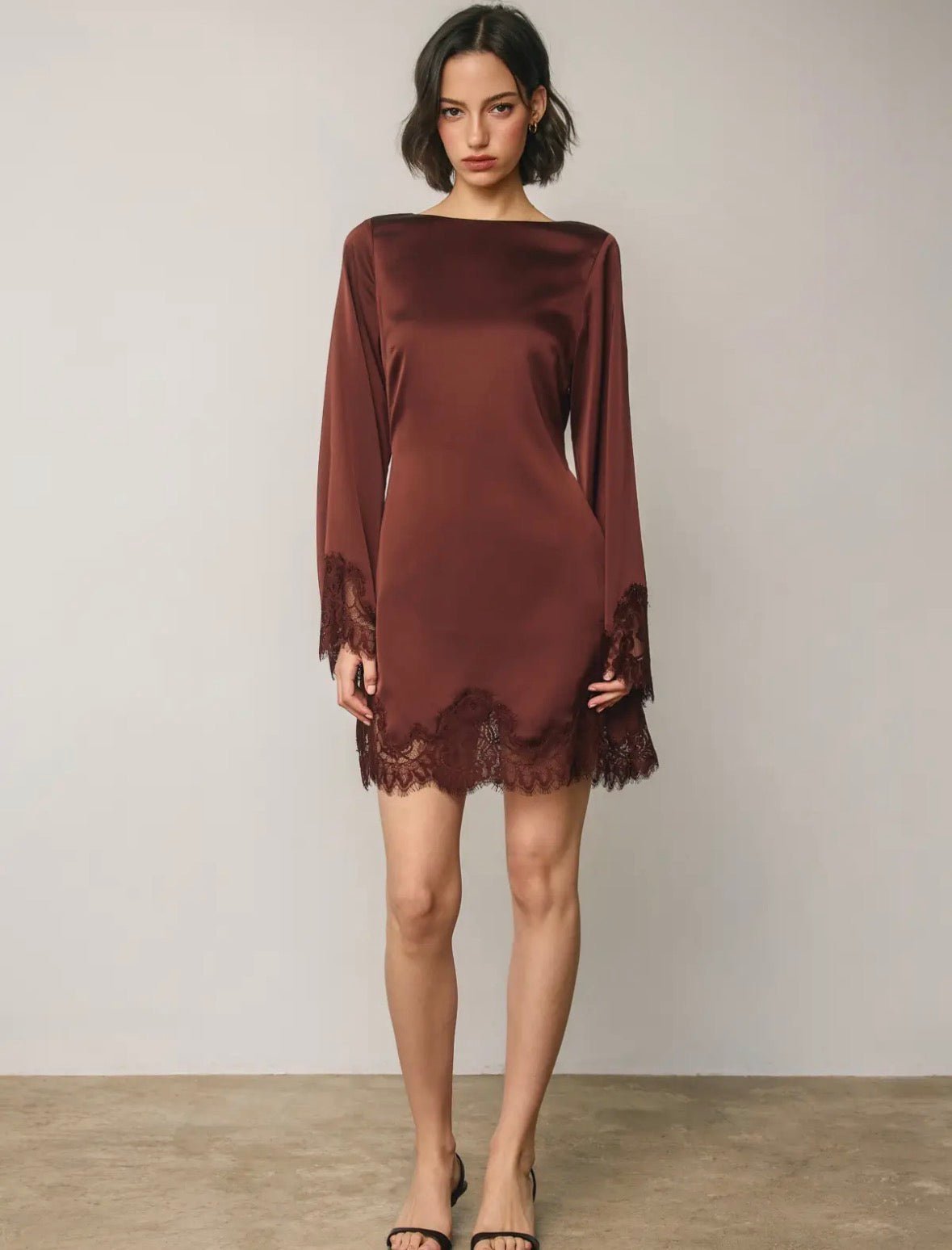 Satin & Lace Long Sleeve Dress - Flea Boutiques