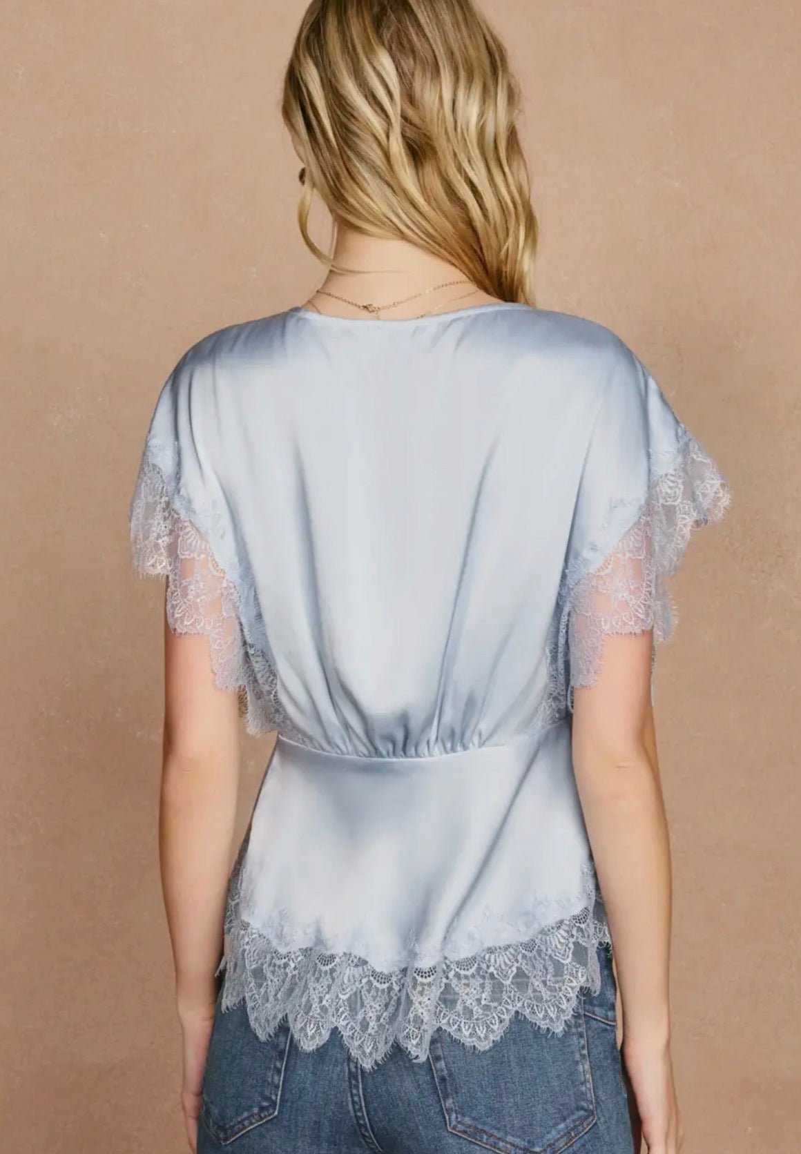 Satin Lace V Neck Blouson Top - Flea Boutiques