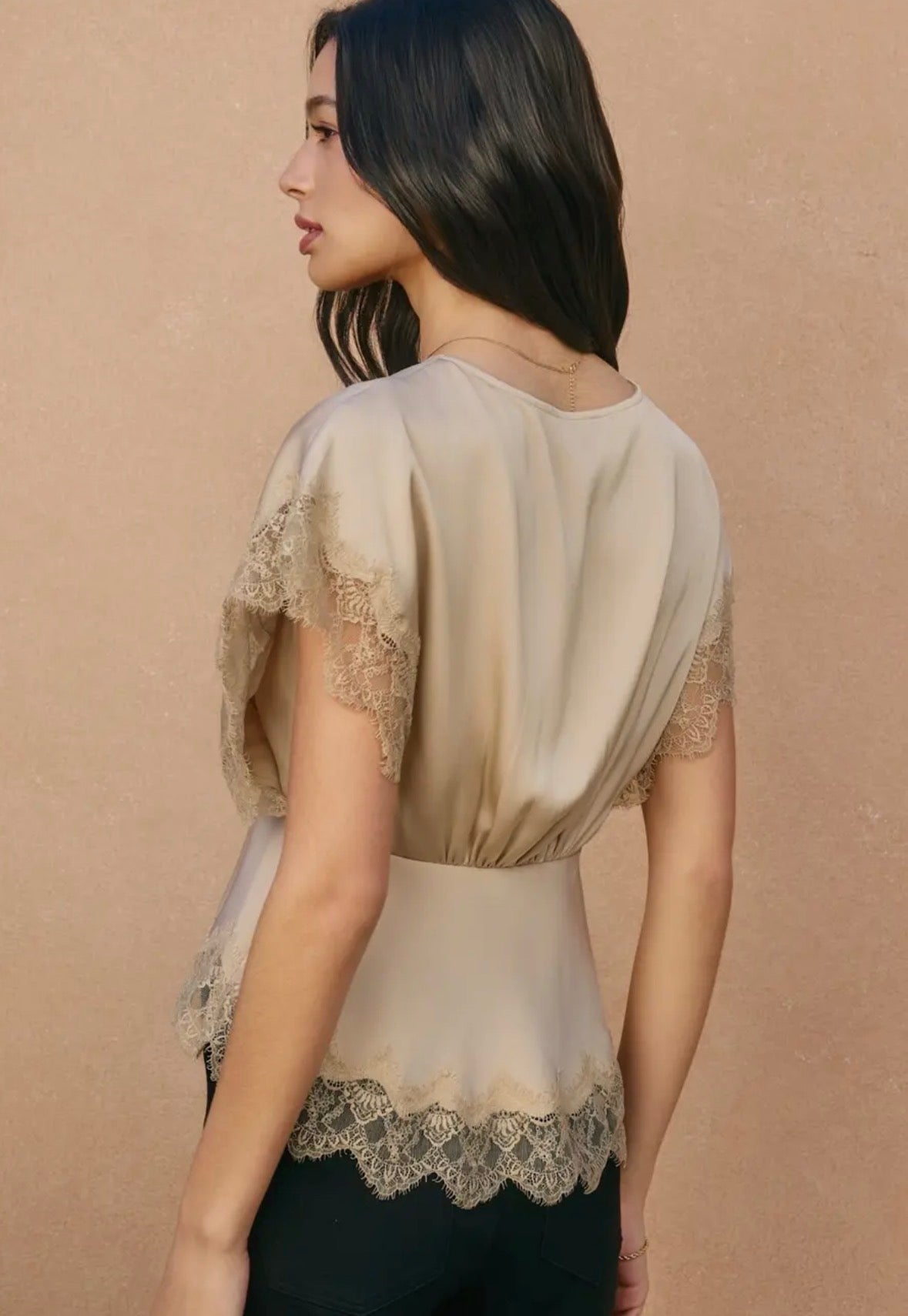 Satin Lace V Neck Blouson Top - Flea Boutiques