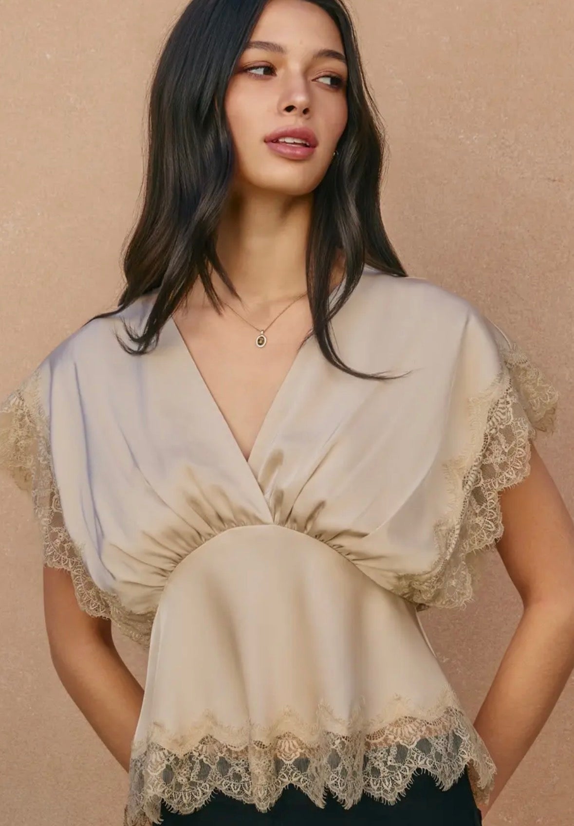 Satin Lace V Neck Blouson Top - Flea Boutiques