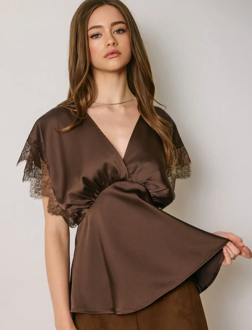 Satin & Lace V Neck Top