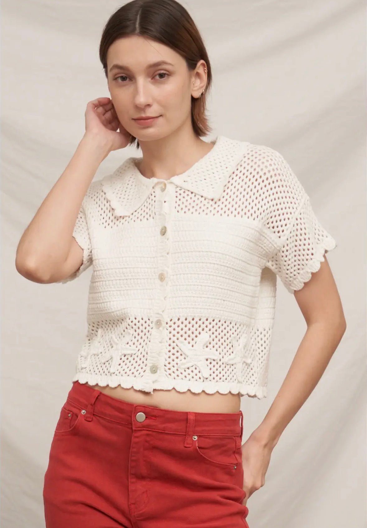 Short Sleeve Button Down Crochet Top - Flea Boutiques