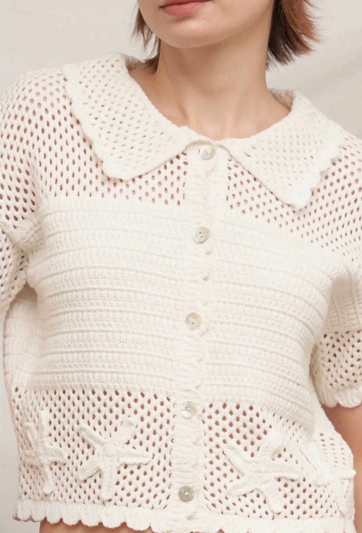 Short Sleeve Button Down Crochet Top - Flea Boutiques