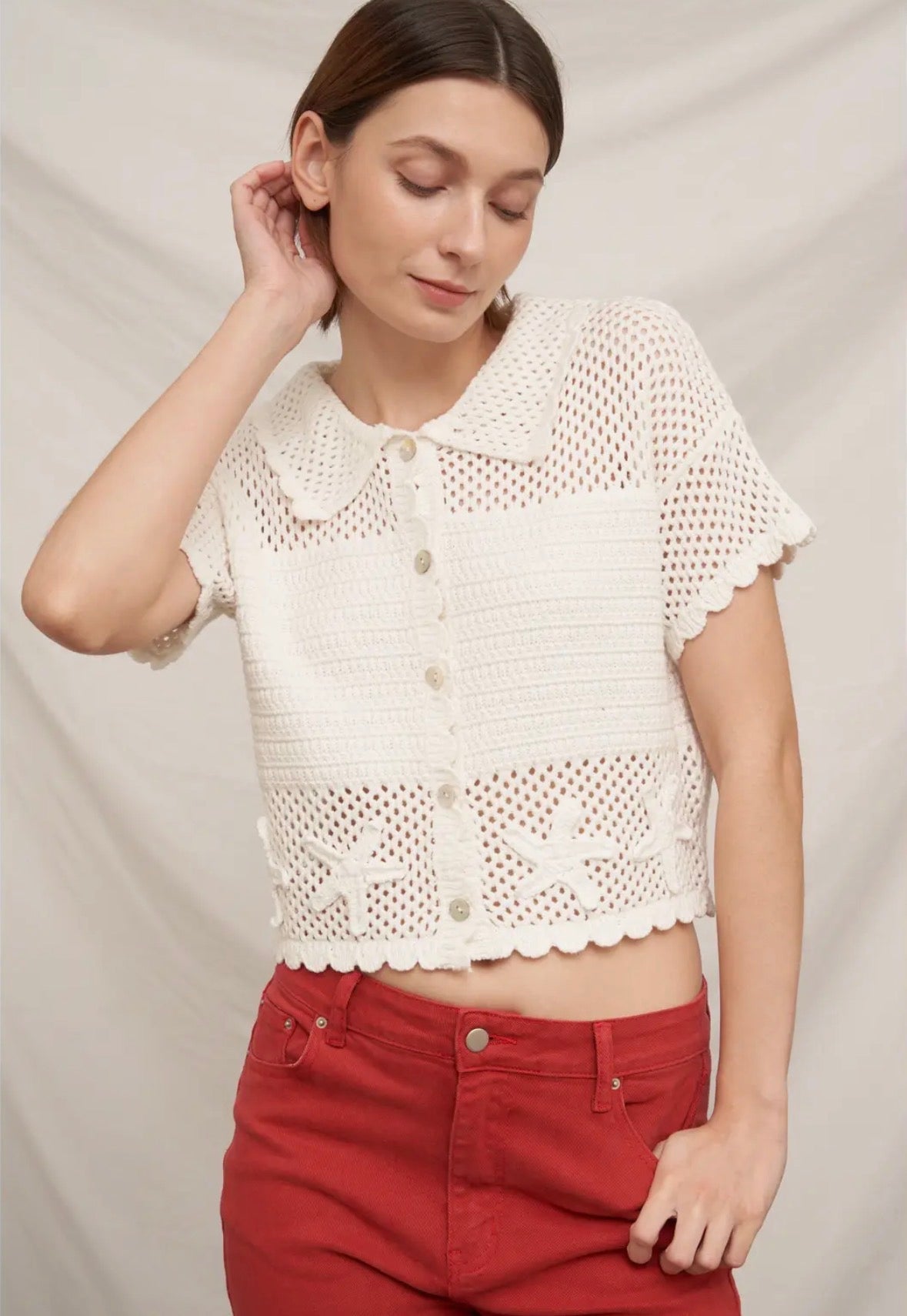 Short Sleeve Button Down Crochet Top - Flea Boutiques