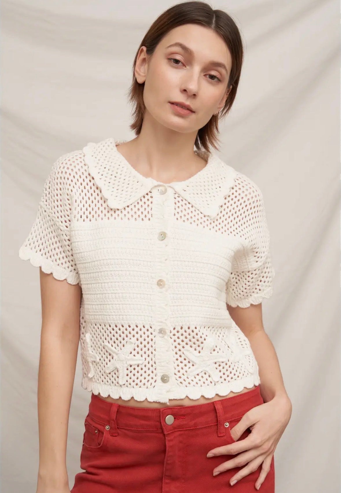 Short Sleeve Button Down Crochet Top - Flea Boutiques