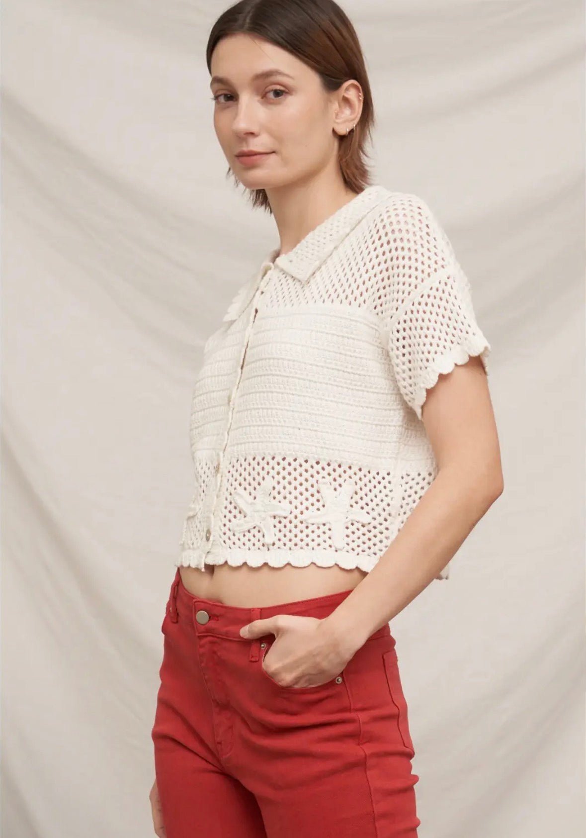 Short Sleeve Button Down Crochet Top - Flea Boutiques