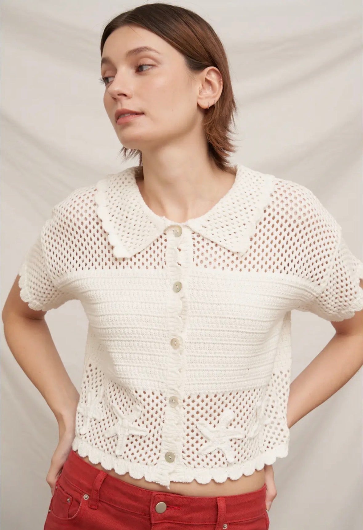 Short Sleeve Button Down Crochet Top - Flea Boutiques