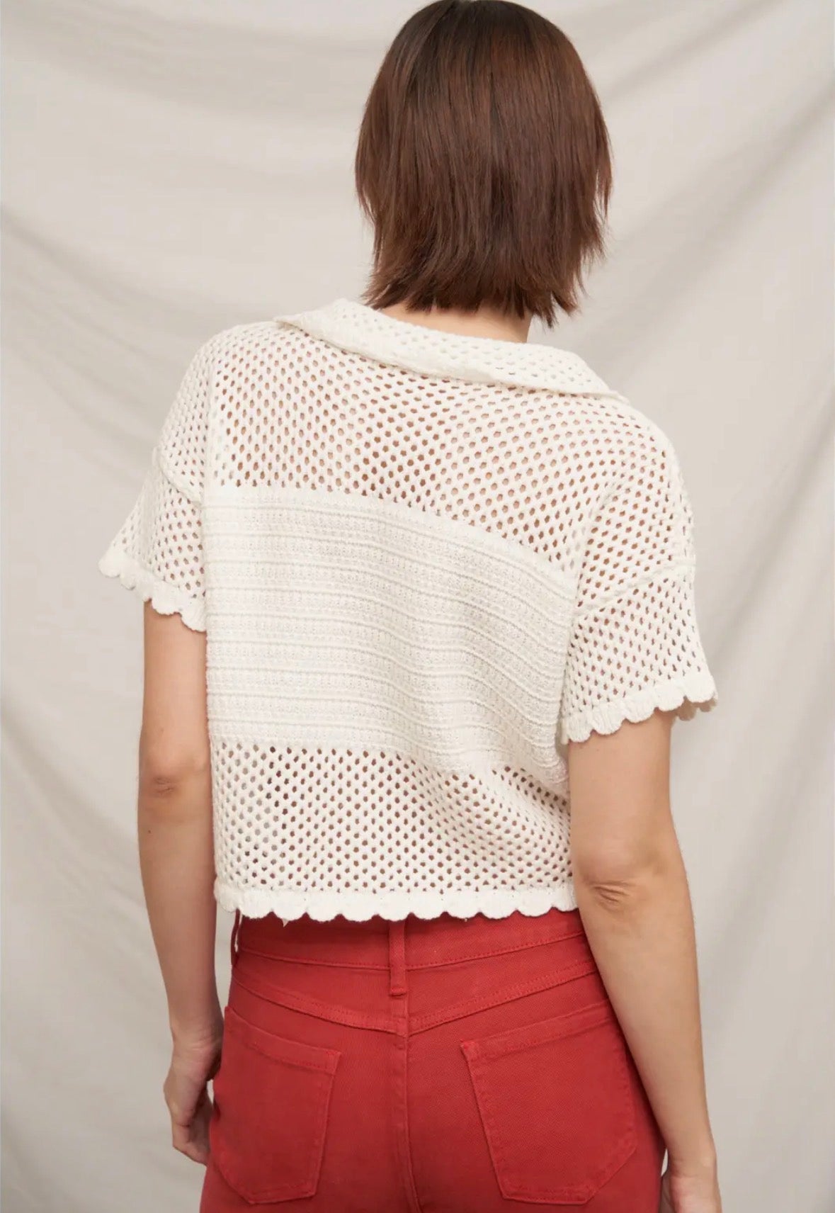 Short Sleeve Button Down Crochet Top - Flea Boutiques