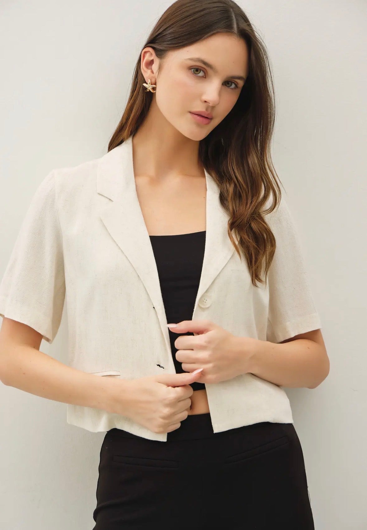 Short Sleeve Linen Crop Blazer - Flea Boutiques