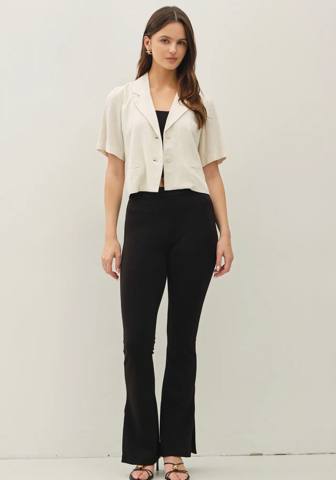 Short Sleeve Linen Crop Blazer - Flea Boutiques