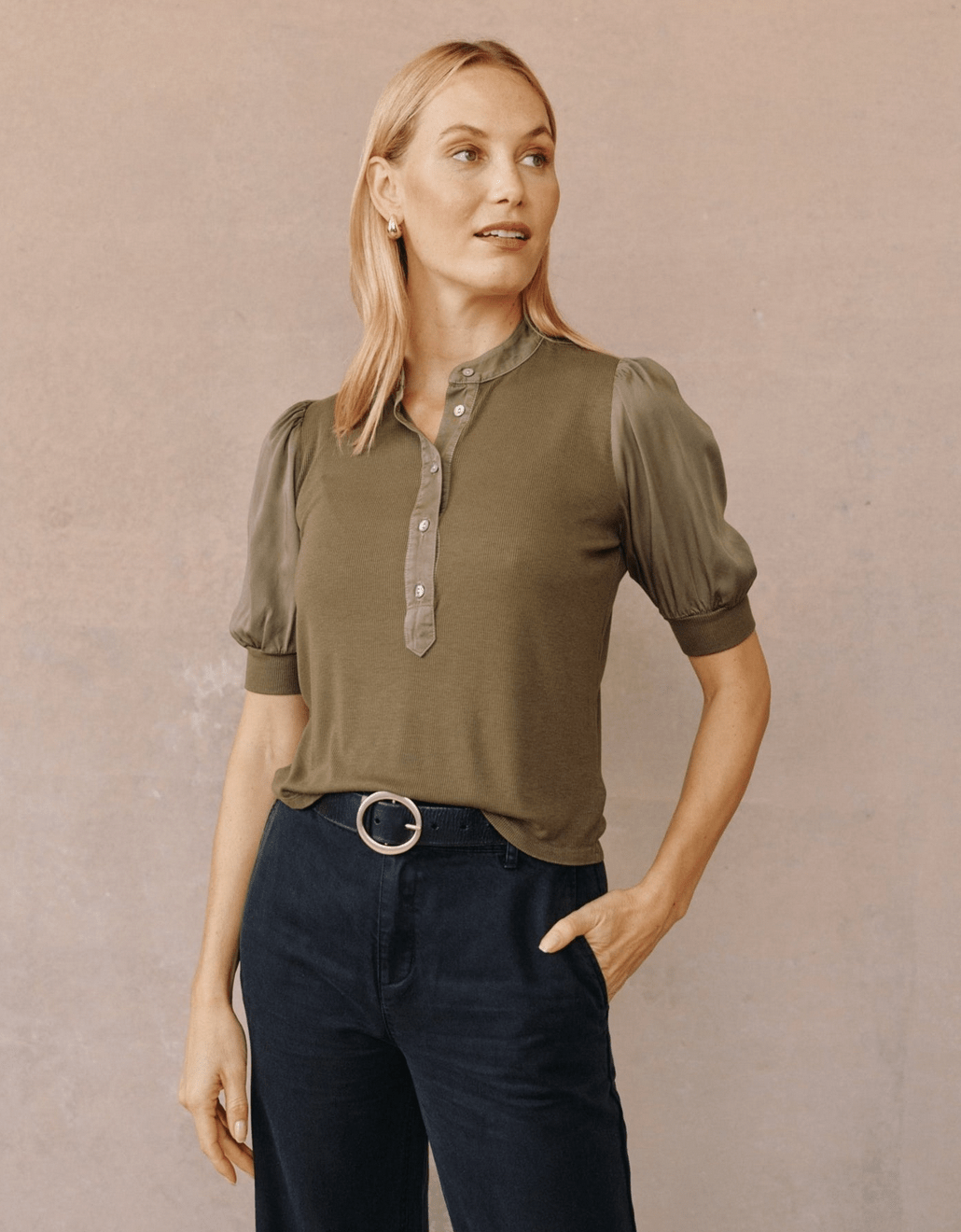 Short Sleeve Mixed Placket Top - Flea Boutiques