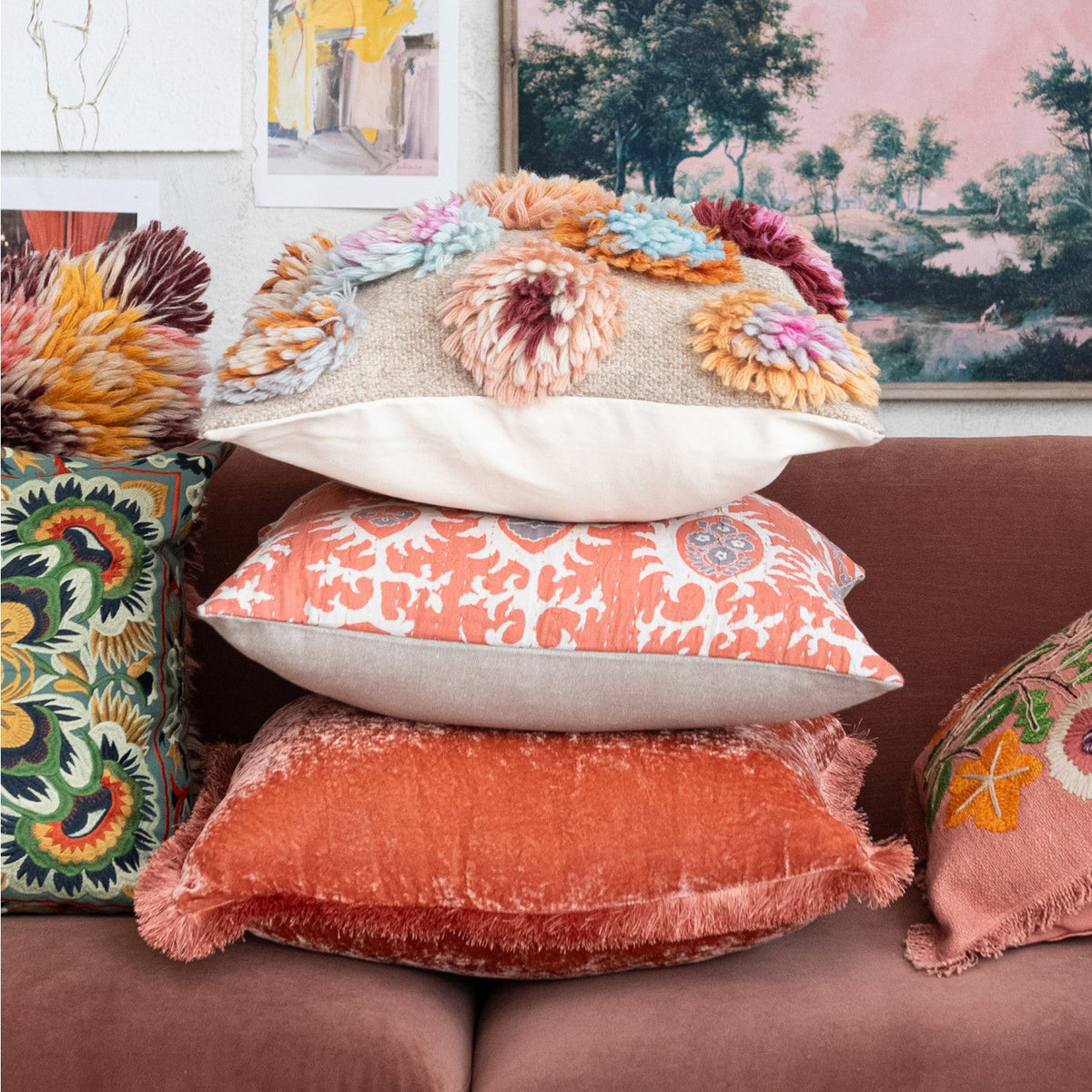 Silk Blend Pillow with Fringe - Flea Boutiques