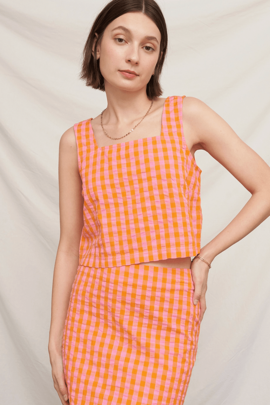 Sleeveless Square Neck Plaid Top - Flea Boutiques