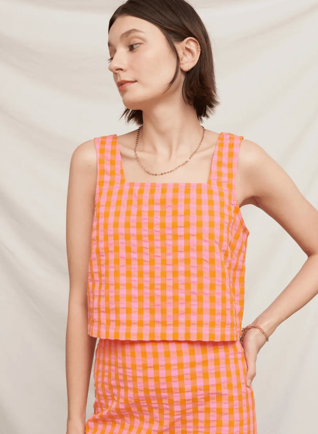 Sleeveless Square Neck Plaid Top - Flea Boutiques
