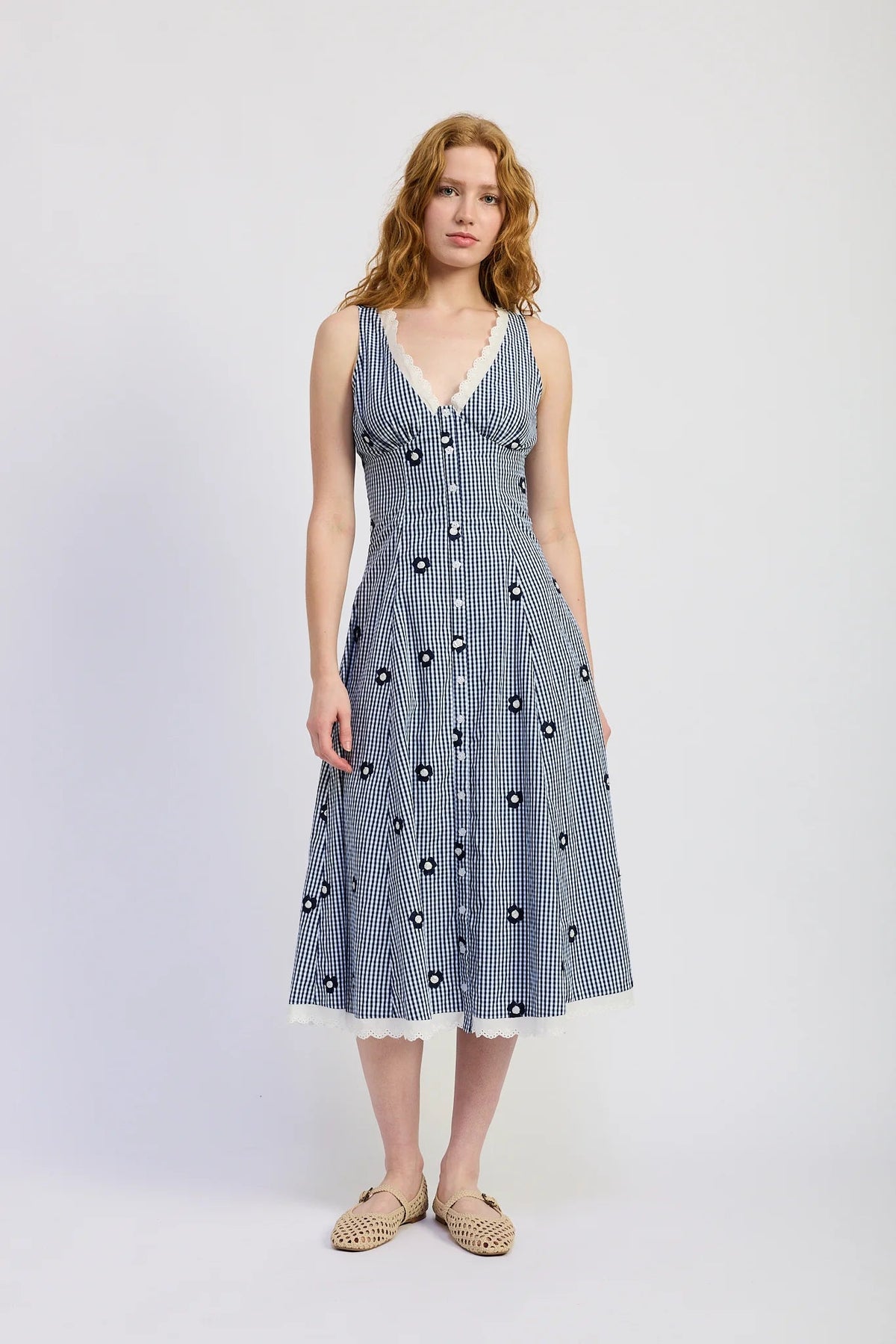 Sleeveless V-Neck Eyelet Mid Dress - Flea Boutiques