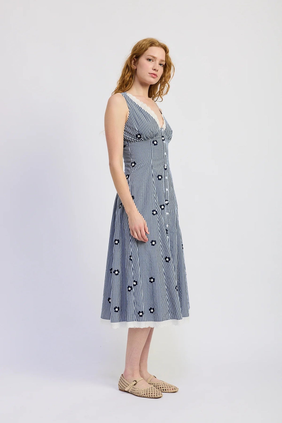 Sleeveless V-Neck Eyelet Mid Dress - Flea Boutiques