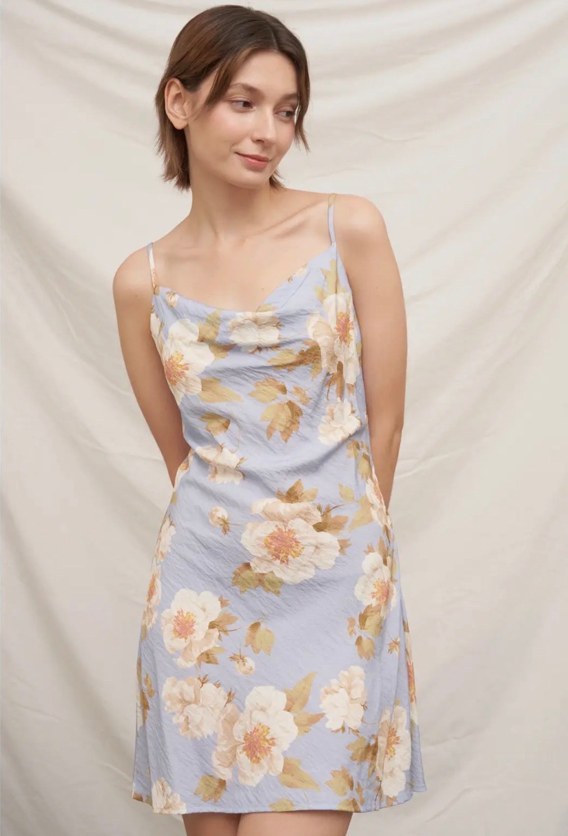 Sleevless Floral Print Cowl Neck Dress - Flea Boutiques