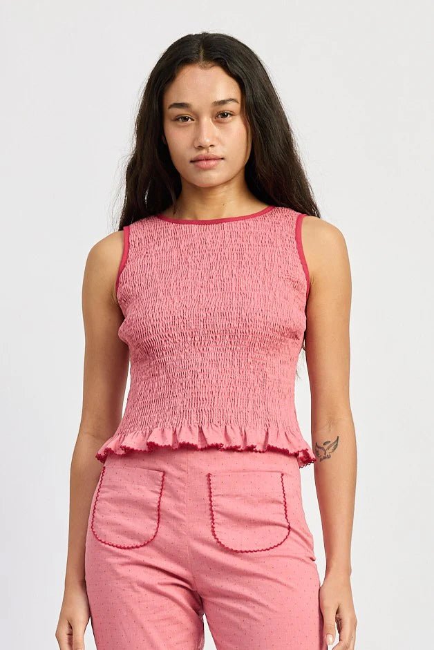 Smocking Sleeveless Tied Closure Top - Flea Boutiques