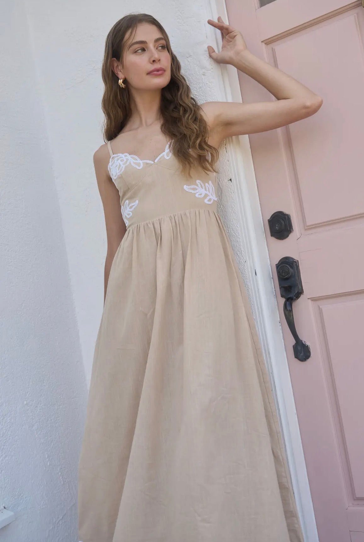 Spaghetti Strap embroidered Detail Midi Dress - Flea Boutiques