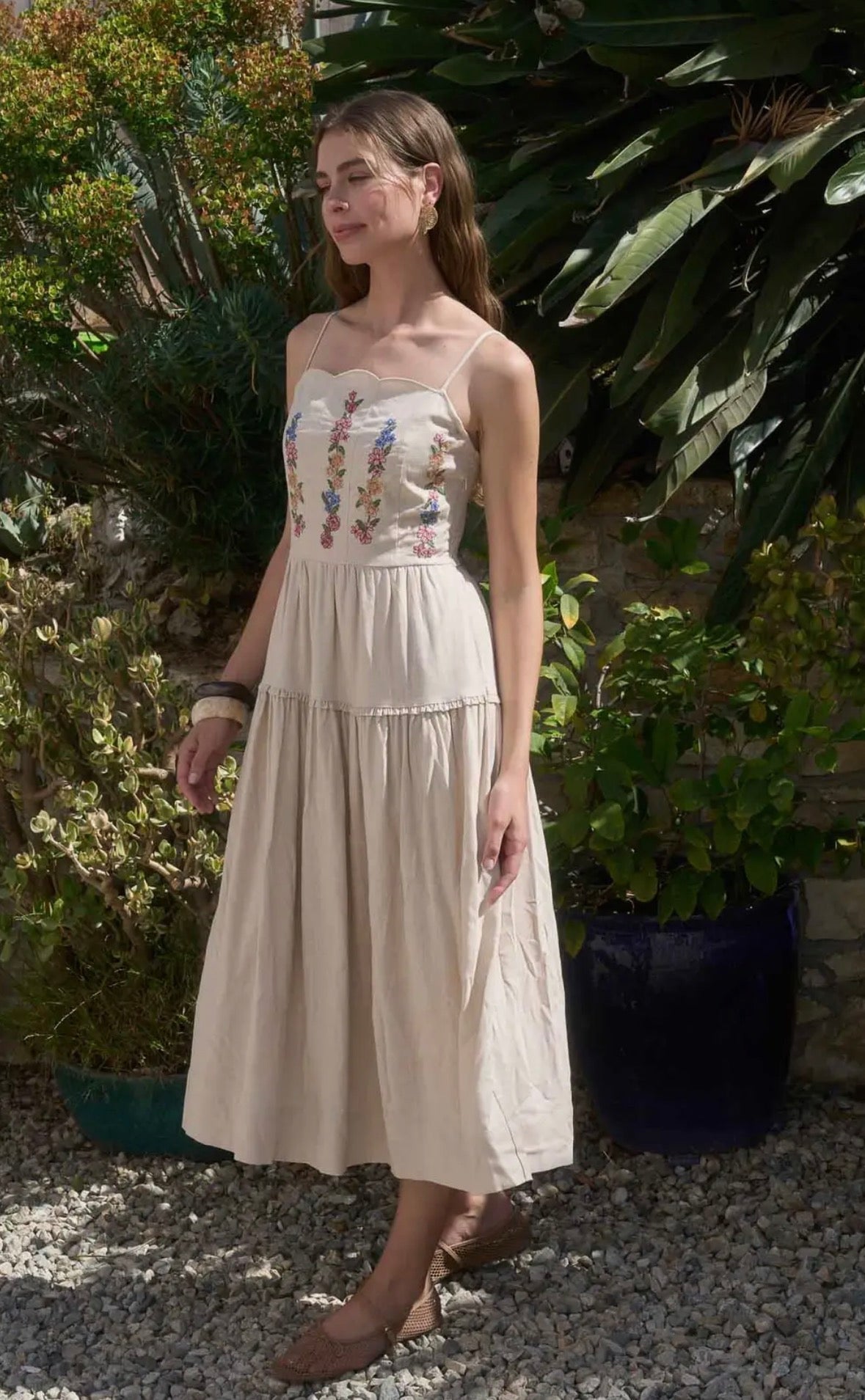 Spaghetti Strap Scallop Neck Embroidered Midi Dress - Flea Boutiques