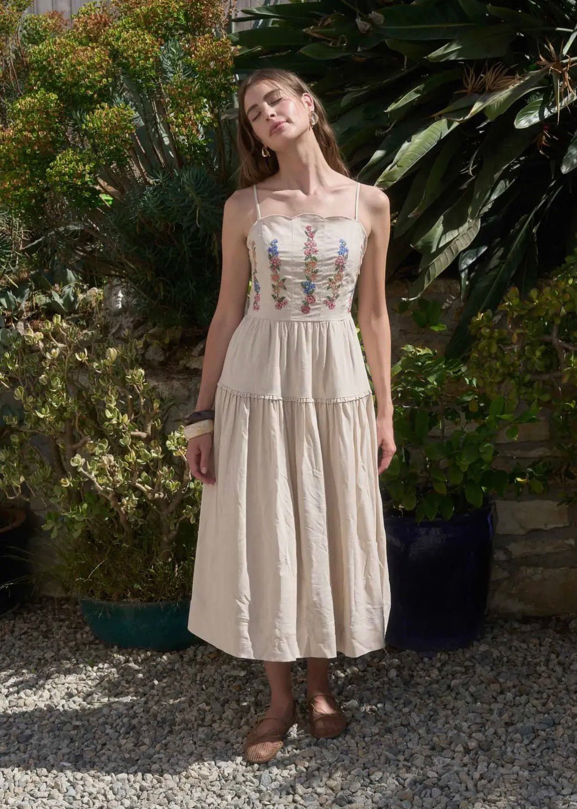 Spaghetti Strap Scallop Neck Embroidered Midi Dress - Flea Boutiques