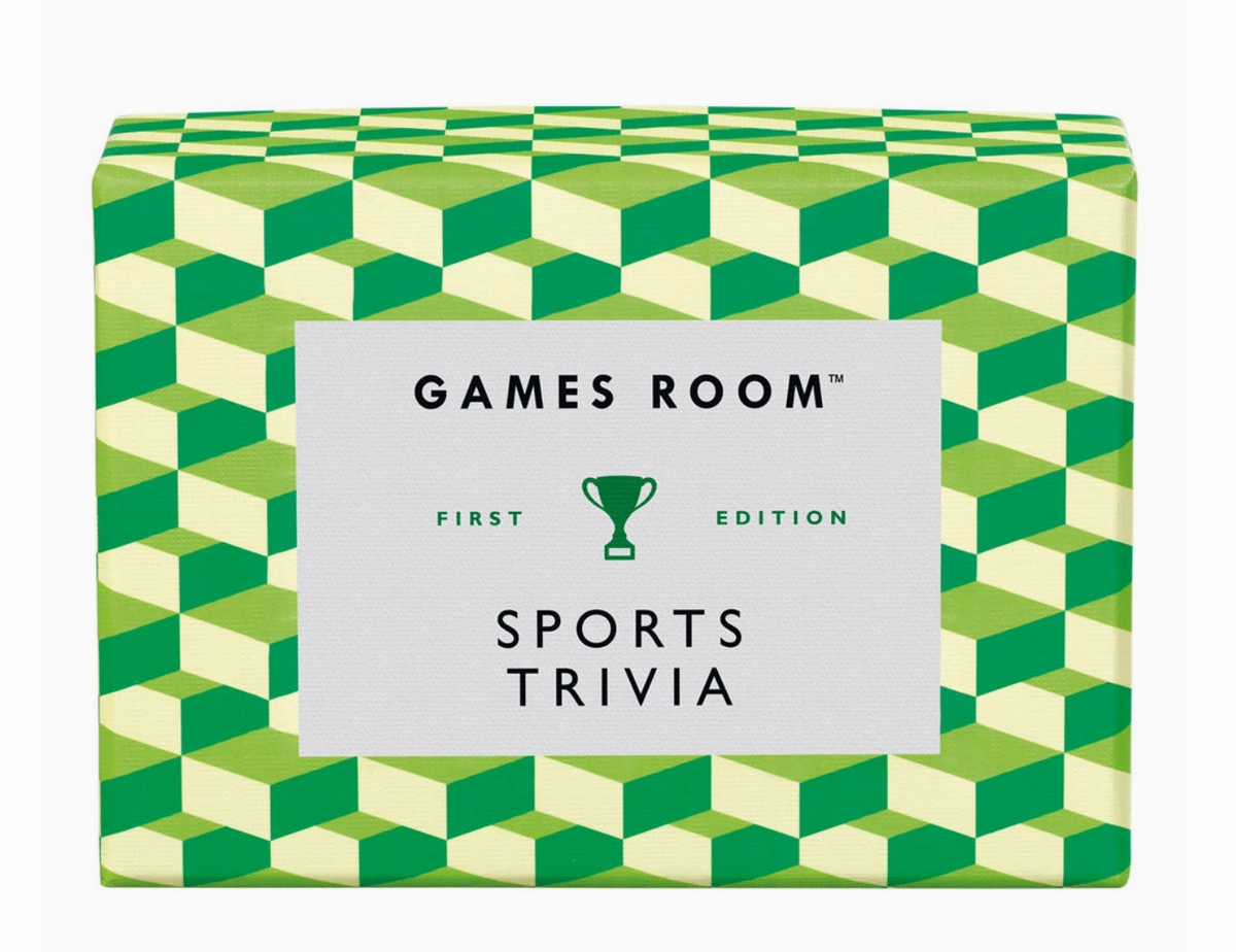 Box of 'Games Room Sports Trivia' with geometric pattern
